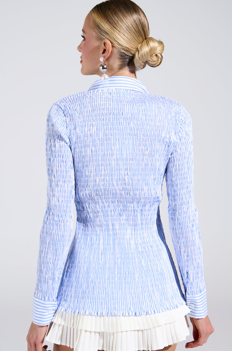 BABY BLUE PINSTRIPE RUCHED BUTTON DOWN