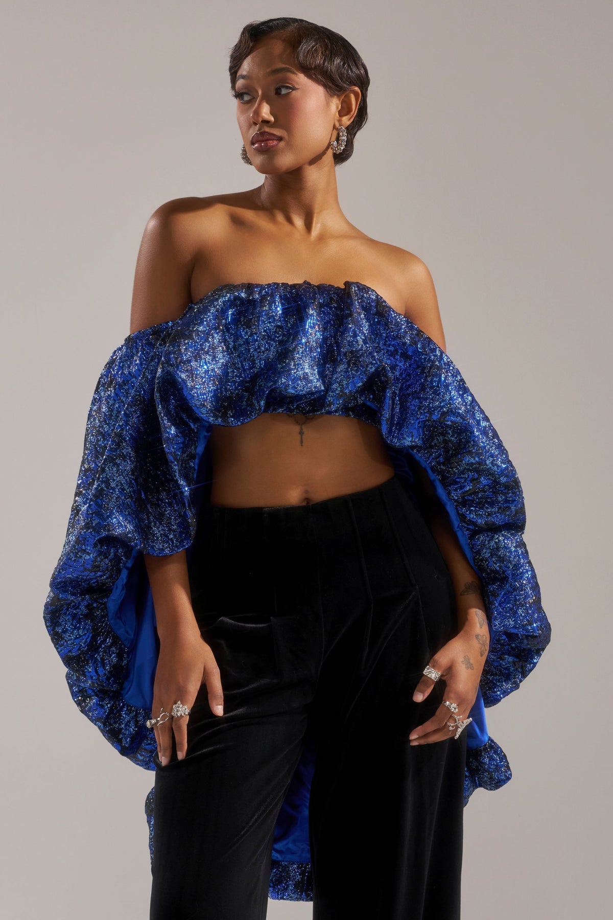 MELANI OFF THE SHOULDER HI-LOW BROCADE BLOUSE