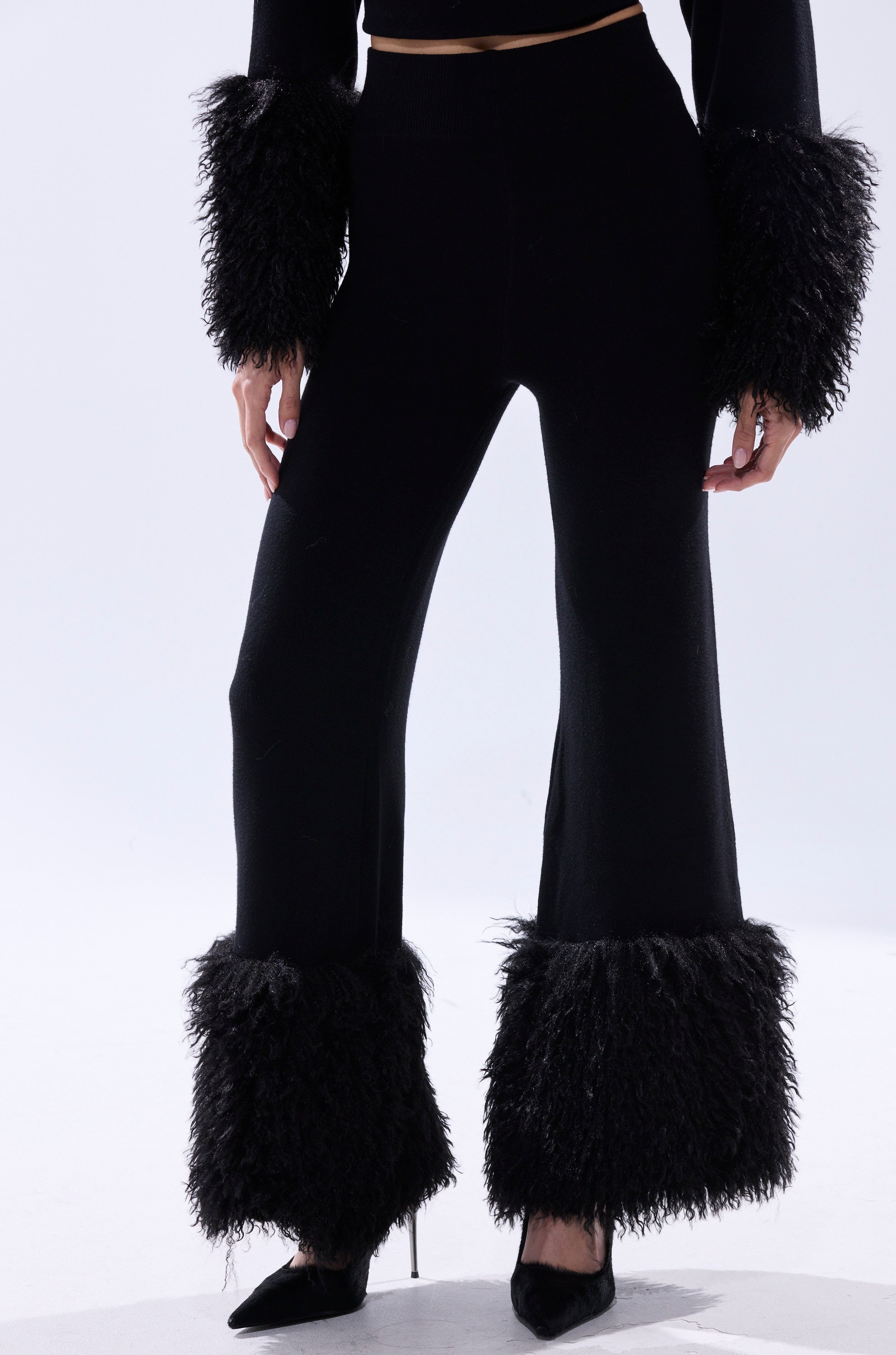 COZY VIBES SWEATER PANT WITH FUR CUFF IN BLACK