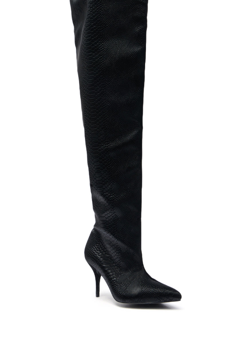 AZALEA WANG HALINA BLACK SNAKE THIGH HIGH BOOT