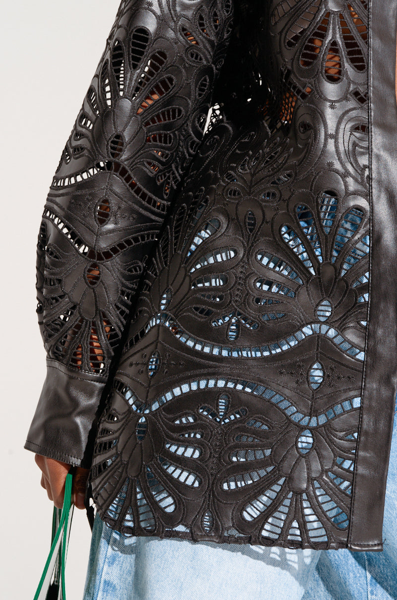 FEEL THE VIBE BUTTON DOWN FAUX LEATHER BLOUSE