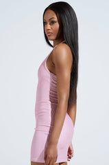 JUST A GIRL METALLIC MINI DRESS IN LILAC