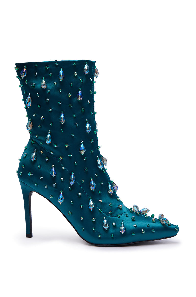 AZALEA WANG IZIDOR TEAL EMBELLISHED RHINESTONE BOOTIE