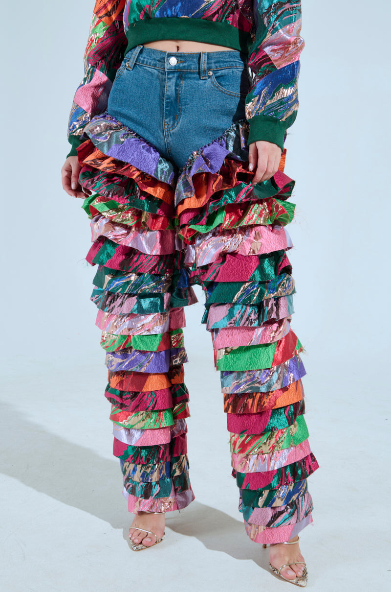 LIFE IS BUT A DREAM BROCADE RUFFLE DENIM
