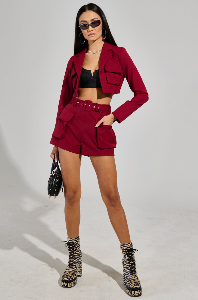 BETTER LUCK UTILITY POCKET SHORTS IN BURGUNDY