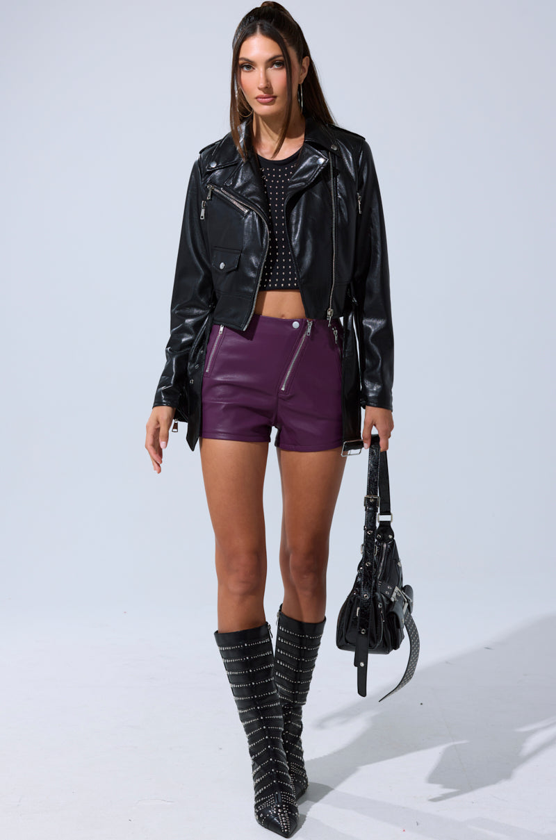 FAUX LEATHER ASYMMETRIC ZIP SHORTS