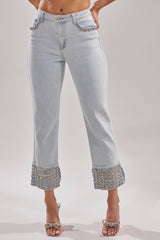 HANNI RHINESTONE DENIM CROPPED PANT