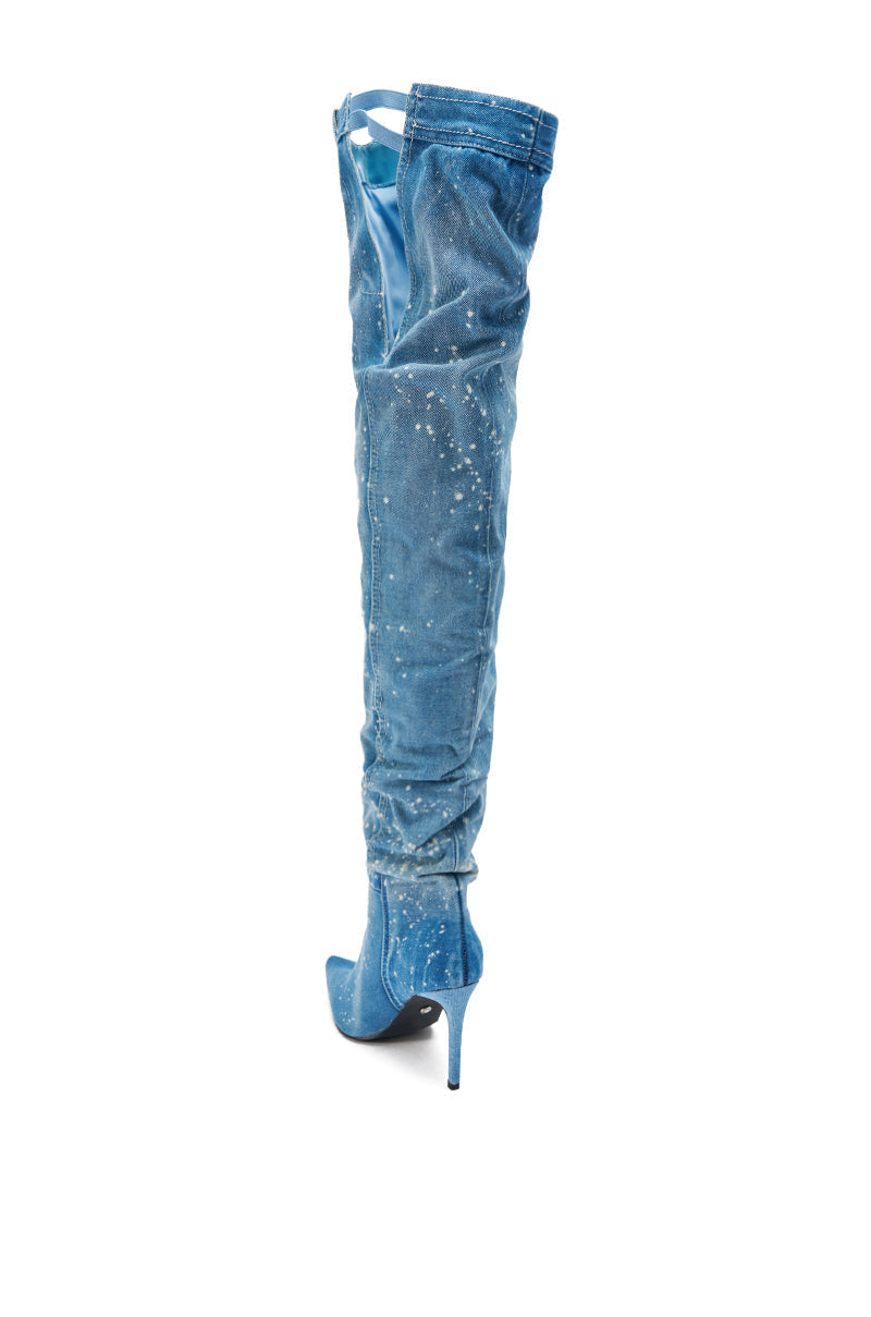AZALEA WANG JEANNI DENIM SPLATTER PAINTED STILETTO BOOT
