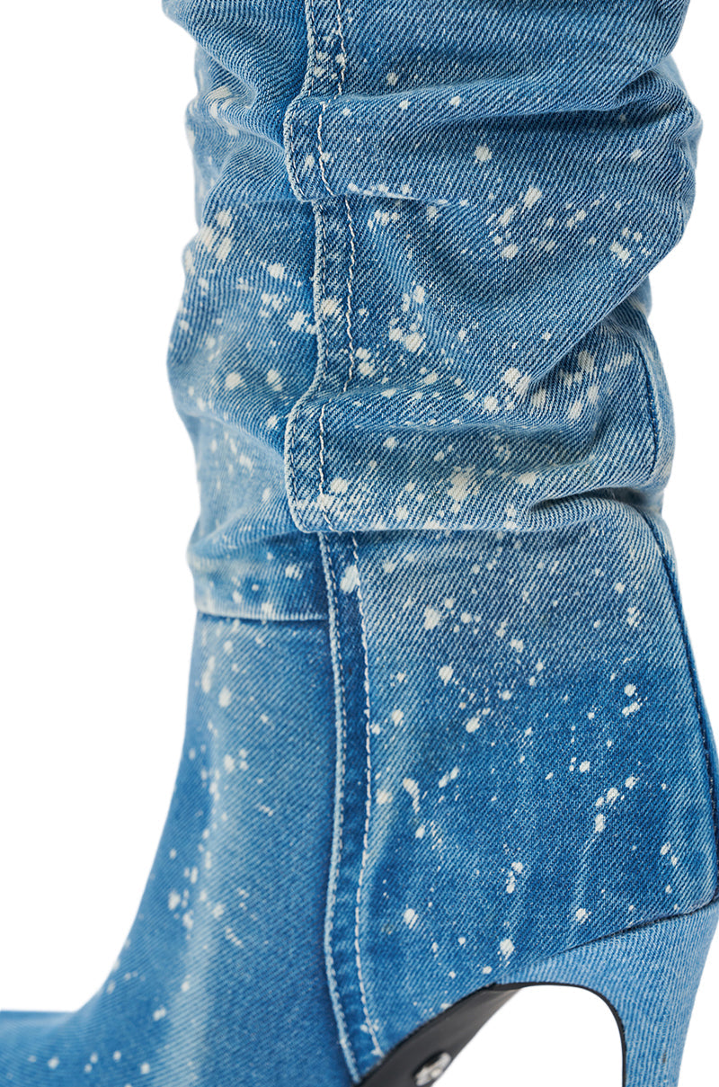 AZALEA WANG JEANNI DENIM SPLATTER PAINTED STILETTO BOOT