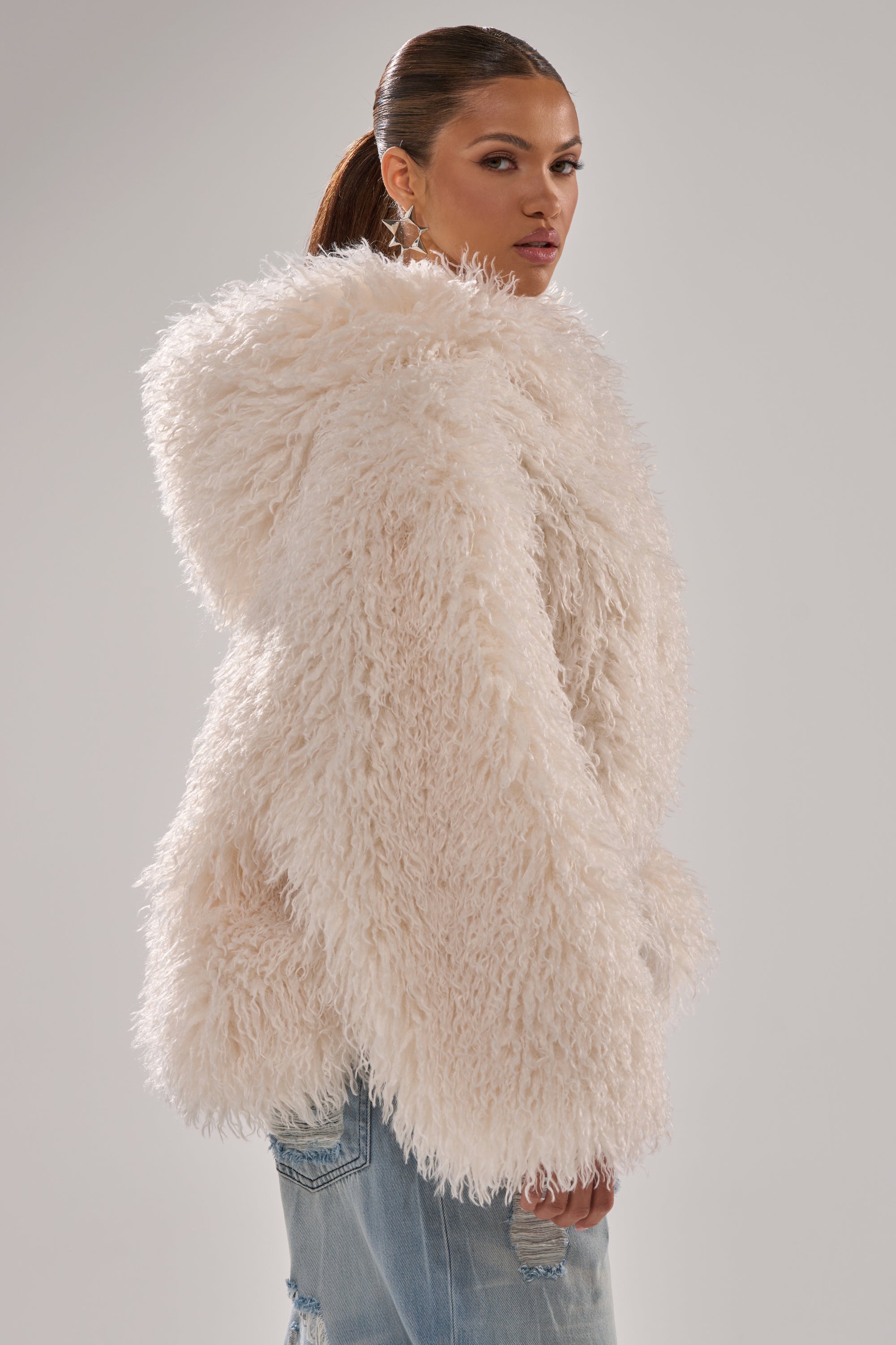LOOK AT ME NOW HOODED FUR BOMBER IN IVORY