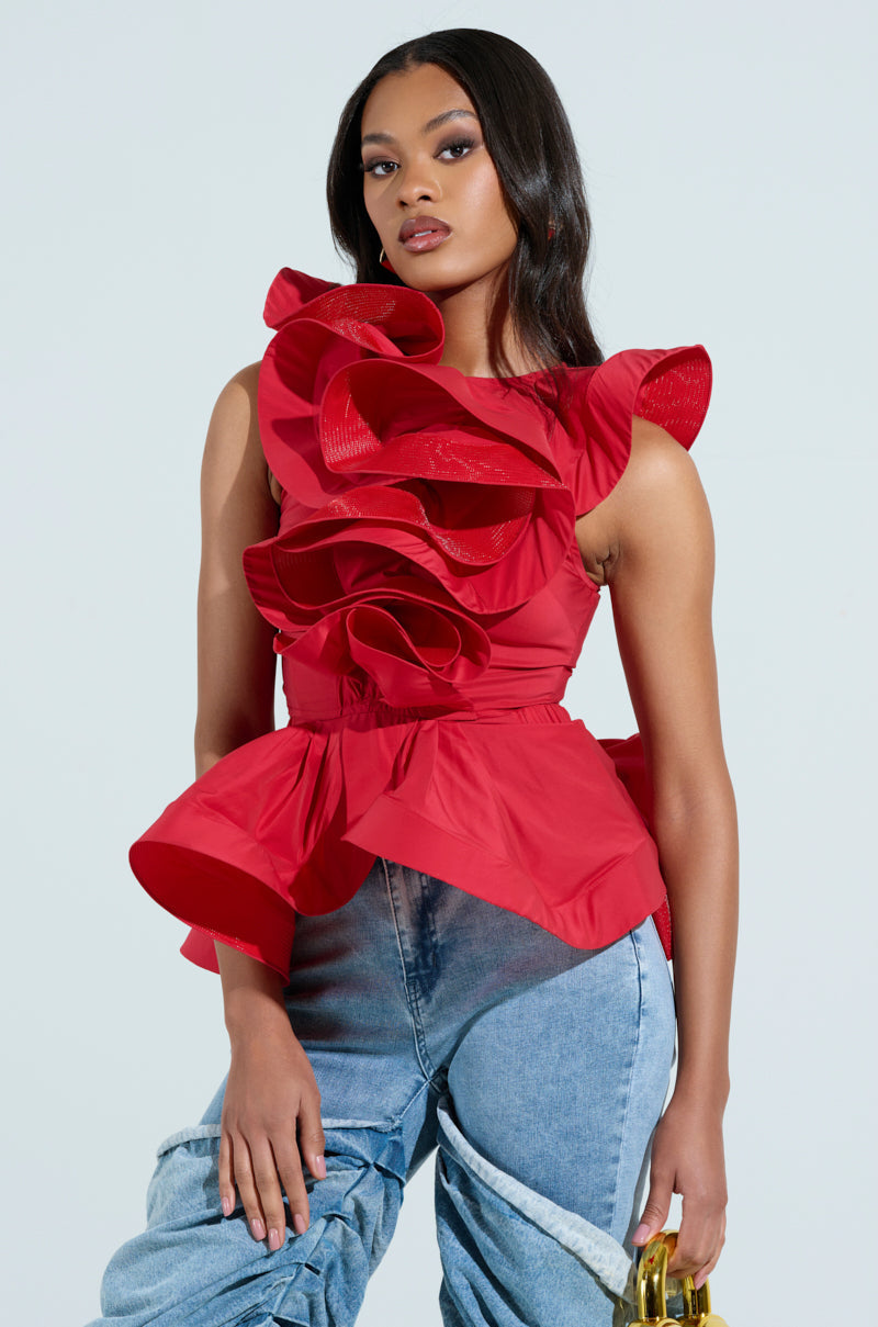 MISS FASHIONISTA SLEEVELESS RUFFLE PEPLUM BLOUSE IN RED