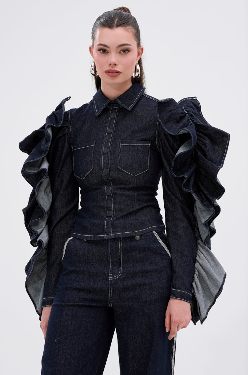 RUFFLED UP LONG SLEEVE DENIM TOP