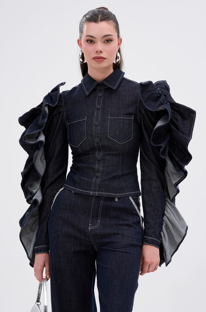 RUFFLED UP LONG SLEEVE DENIM TOP