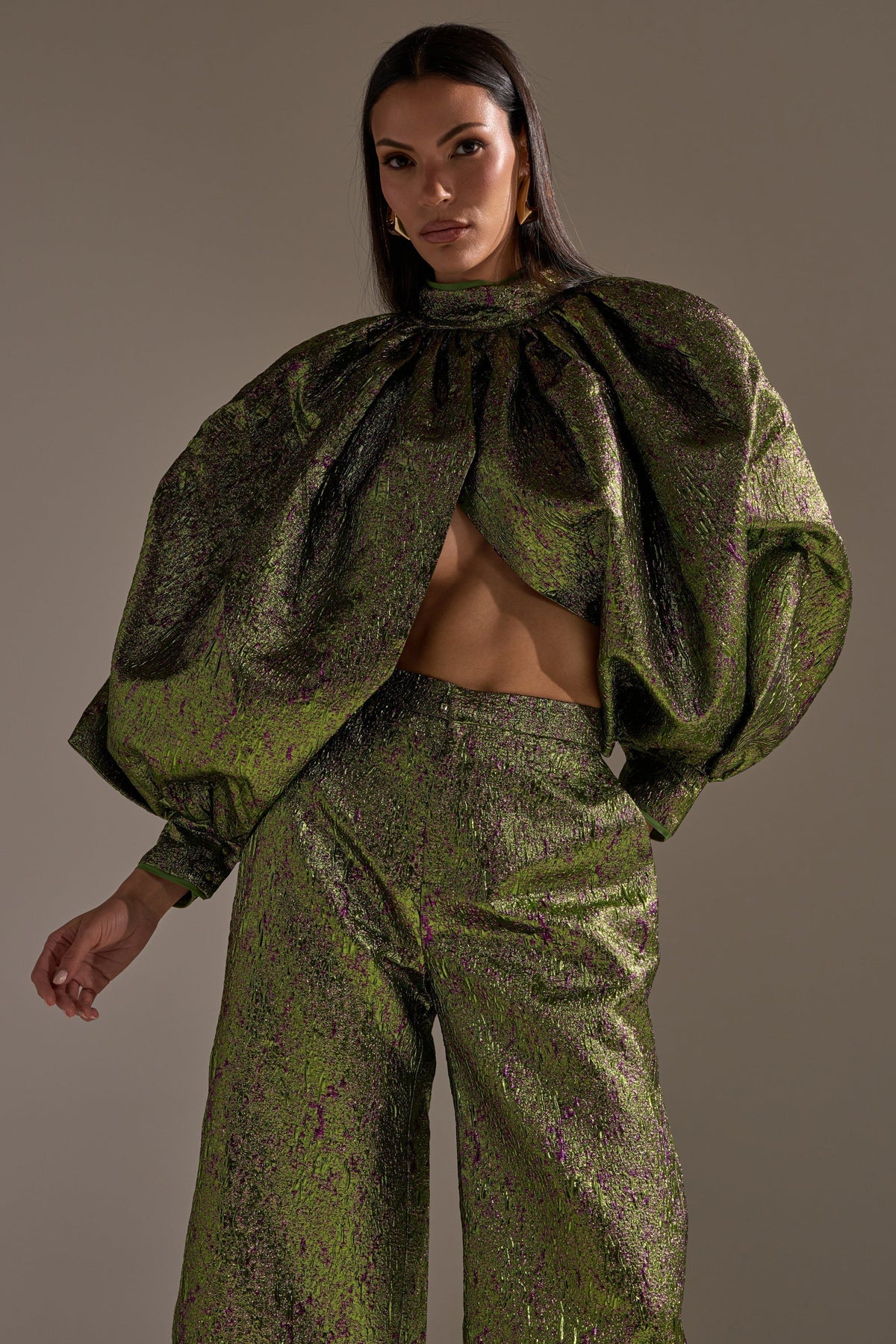 LAYLA BROCADE PUFF SLEEVE MOCK NECK TOP