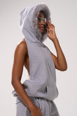 LUXE FUR OPEN-BACK SWEATSHIRT IN GREY