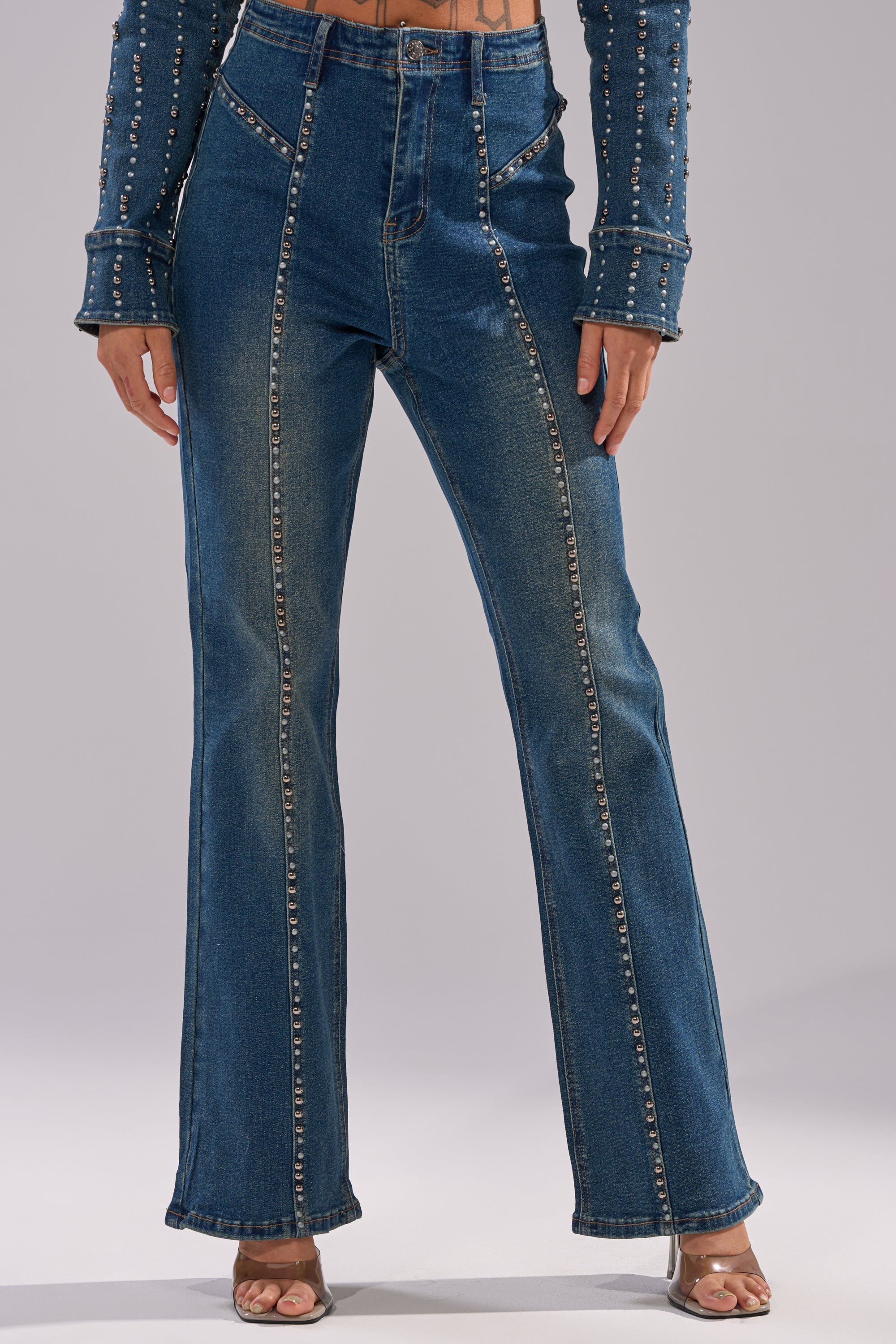 GLAMOUR STUDDED FLARE DENIM PANT