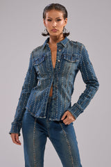GLAMOUR STUDDED BUTTON DOWN DENIM TOP