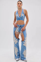 DIVALICIOUS DENIM CHAPS IN LIGHT BLUE