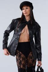 FEELING RICH FAUX LEATHER BUTTON DOWN IN BLACK