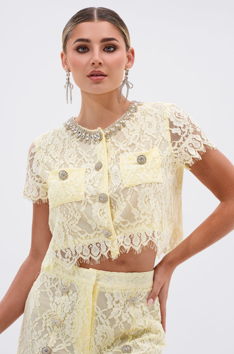 LEAH LACE BUTTON DOWN BLOUSE IN BABY YELLOW