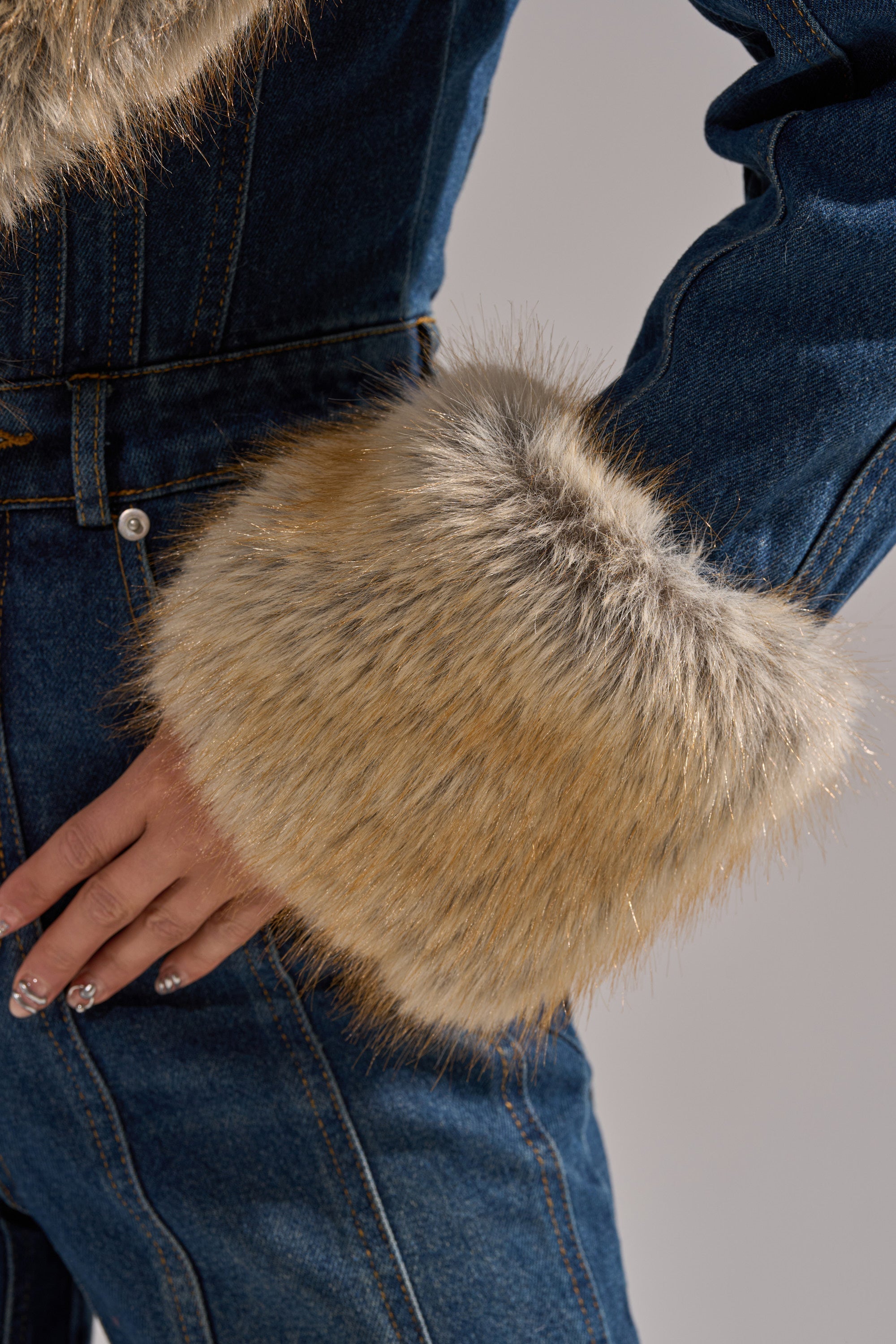 LENNOX DENIM JUMPSUIT WITH FUR ACCENTS