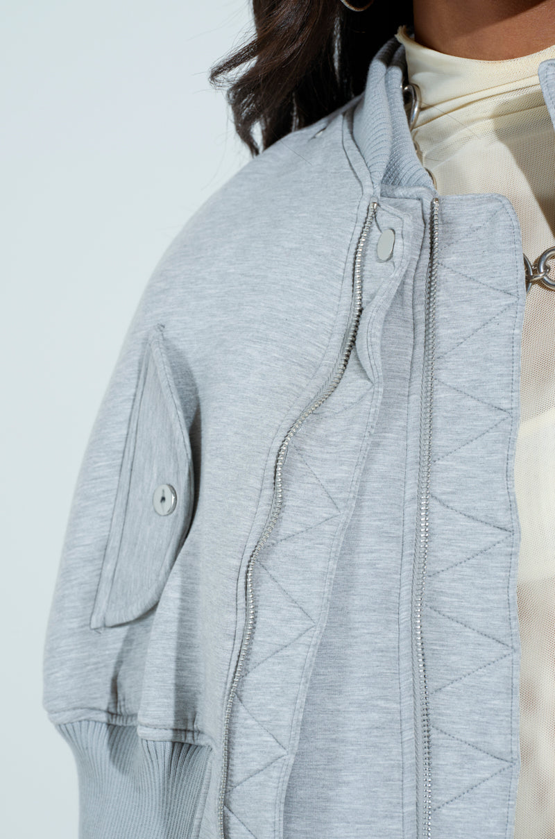 LYNX LAYERED BOMBER JACKET IN HEATHER GREY