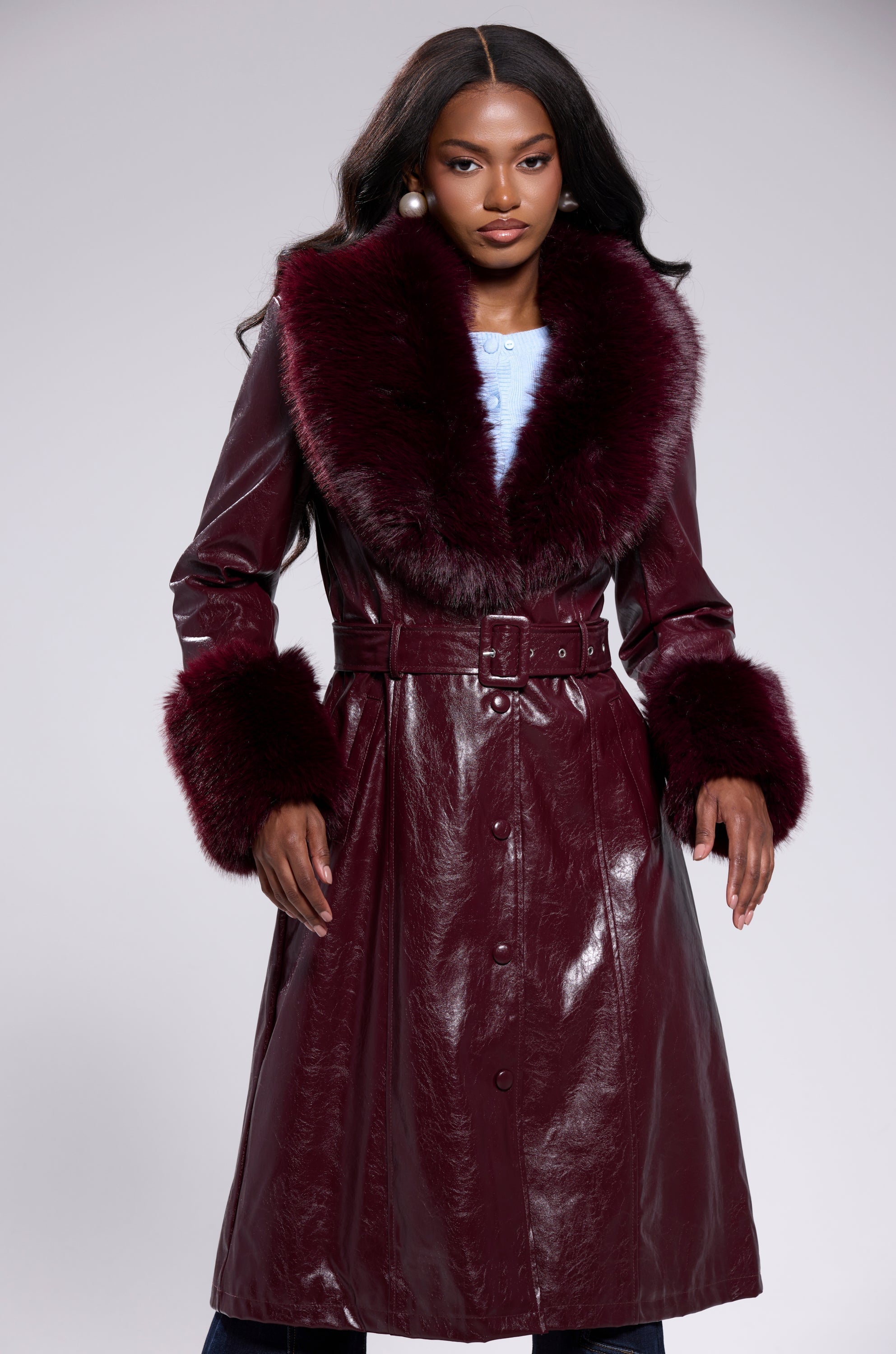 KAYA FUR TRIM TRENCH IN BURGUNDY