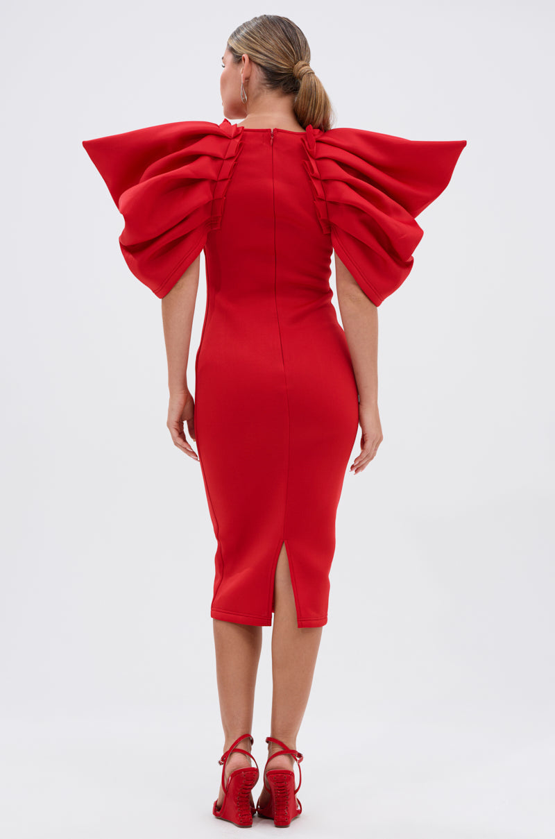PURE JOY MIDI DRESS WITH DRAMATIC SLEEVE IN RED