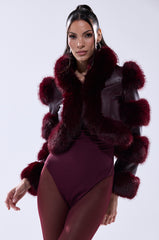 LOVERBOY FAUX FUR MOTO JACKET IN BURGUNDY