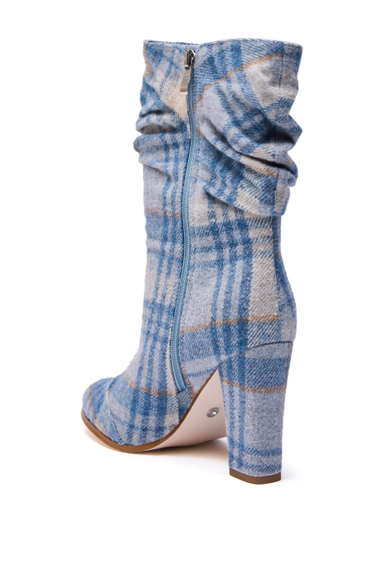 AZALEA WANG MATHAIS BLUE MULTI PLAID ROUND TOE BOOTIE