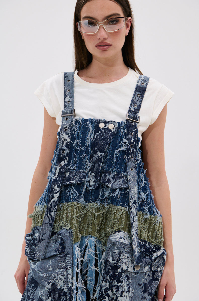 JUST LIKE THAT BAGGY FIT OVERALLS IN PATCHWORK DENIM