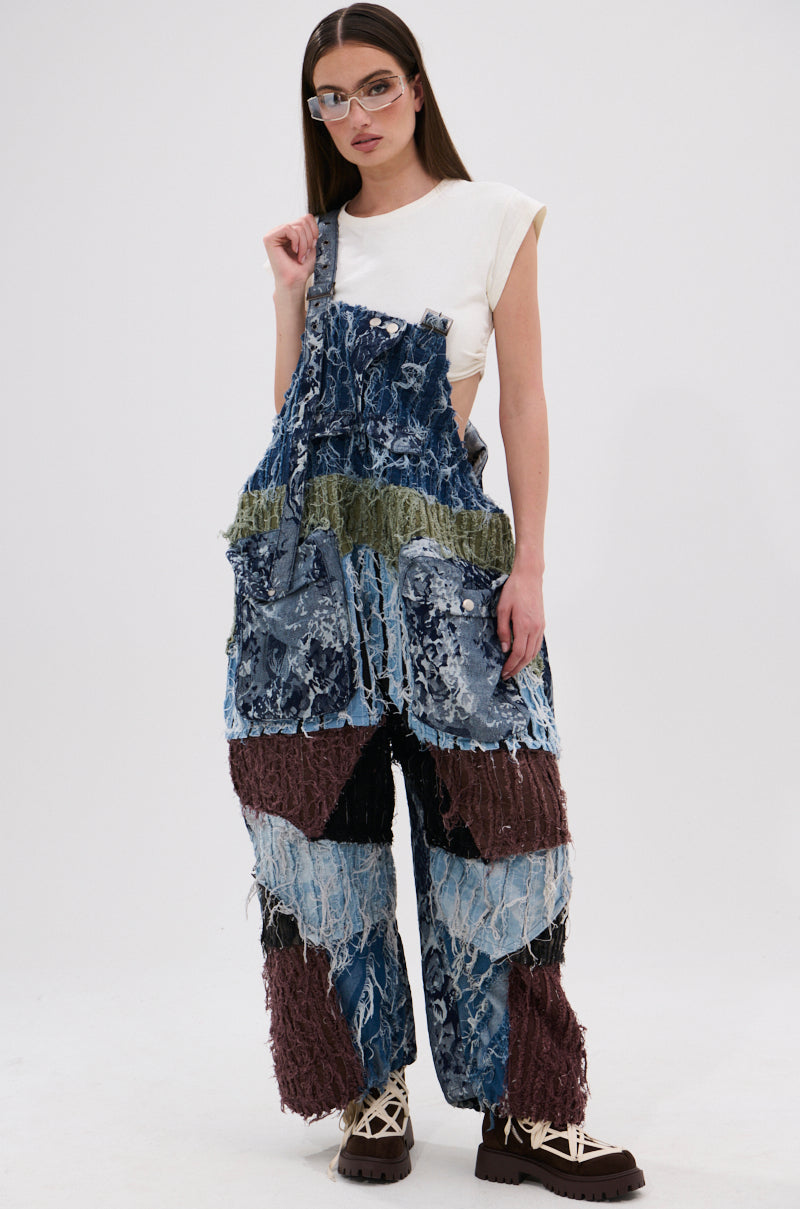 JUST LIKE THAT BAGGY FIT OVERALLS IN PATCHWORK DENIM