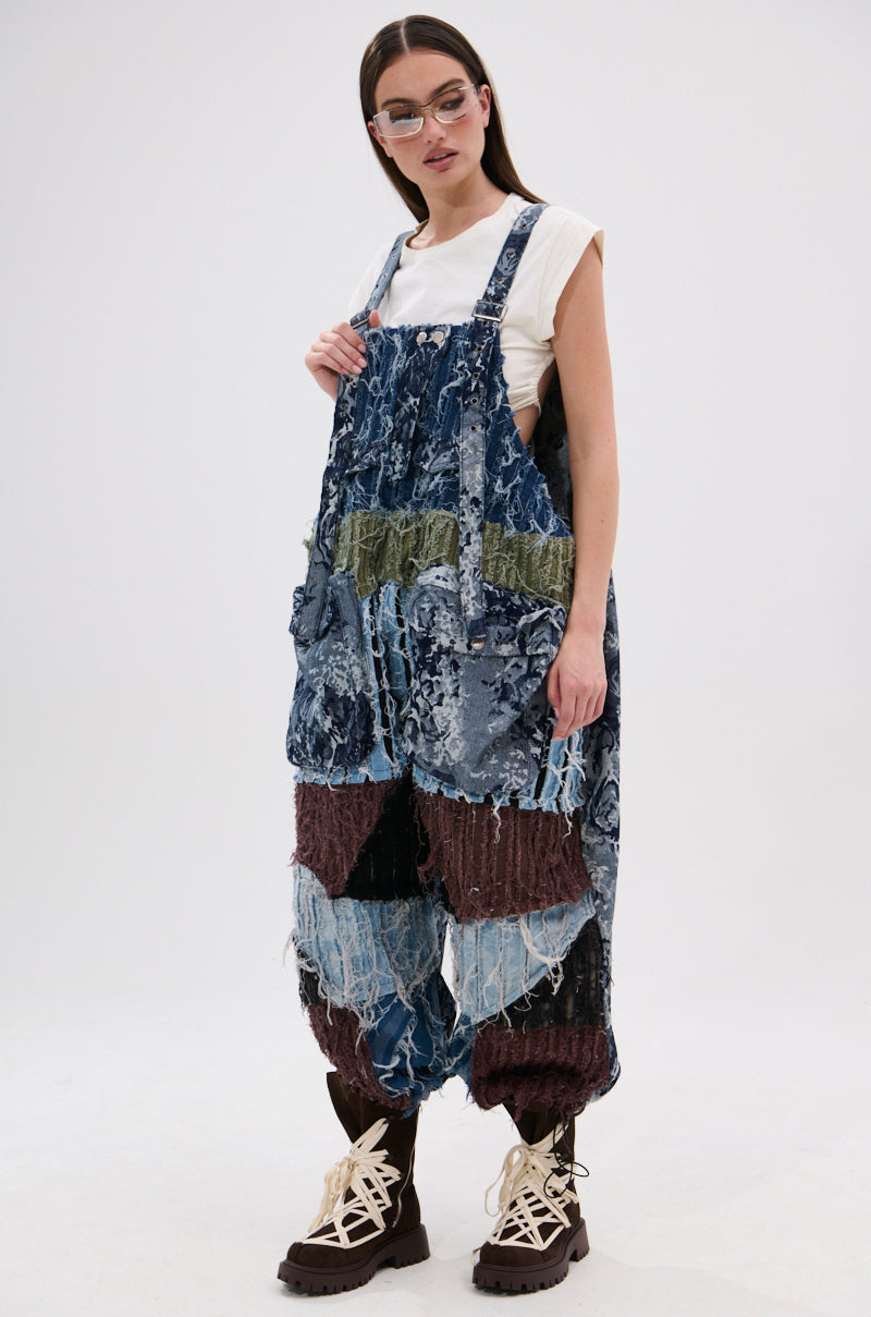 JUST LIKE THAT BAGGY FIT OVERALLS IN PATCHWORK DENIM