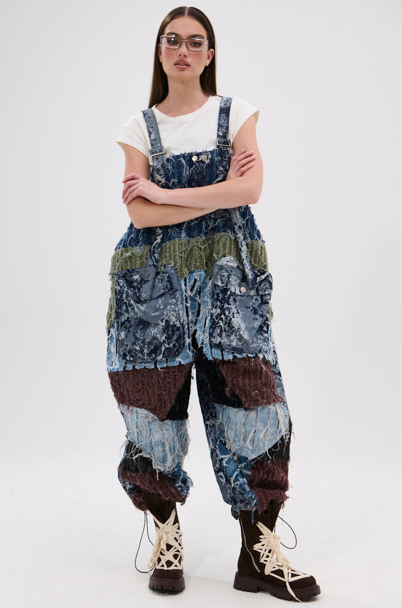 JUST LIKE THAT BAGGY FIT OVERALLS IN PATCHWORK DENIM