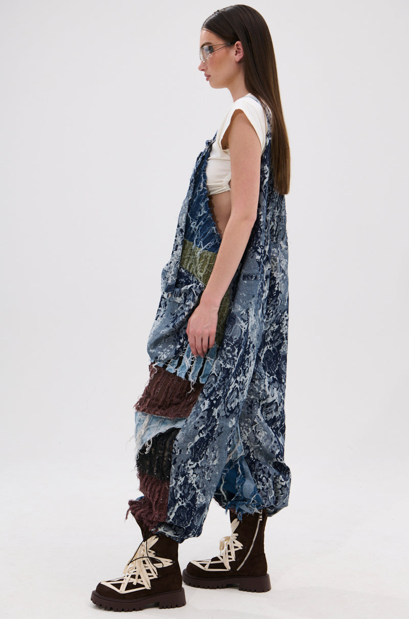 JUST LIKE THAT BAGGY FIT OVERALLS IN PATCHWORK DENIM