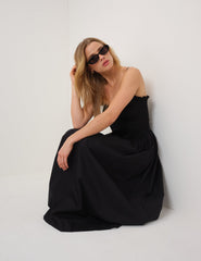 Black Shirred Drop Waist Daisy Midi Dress