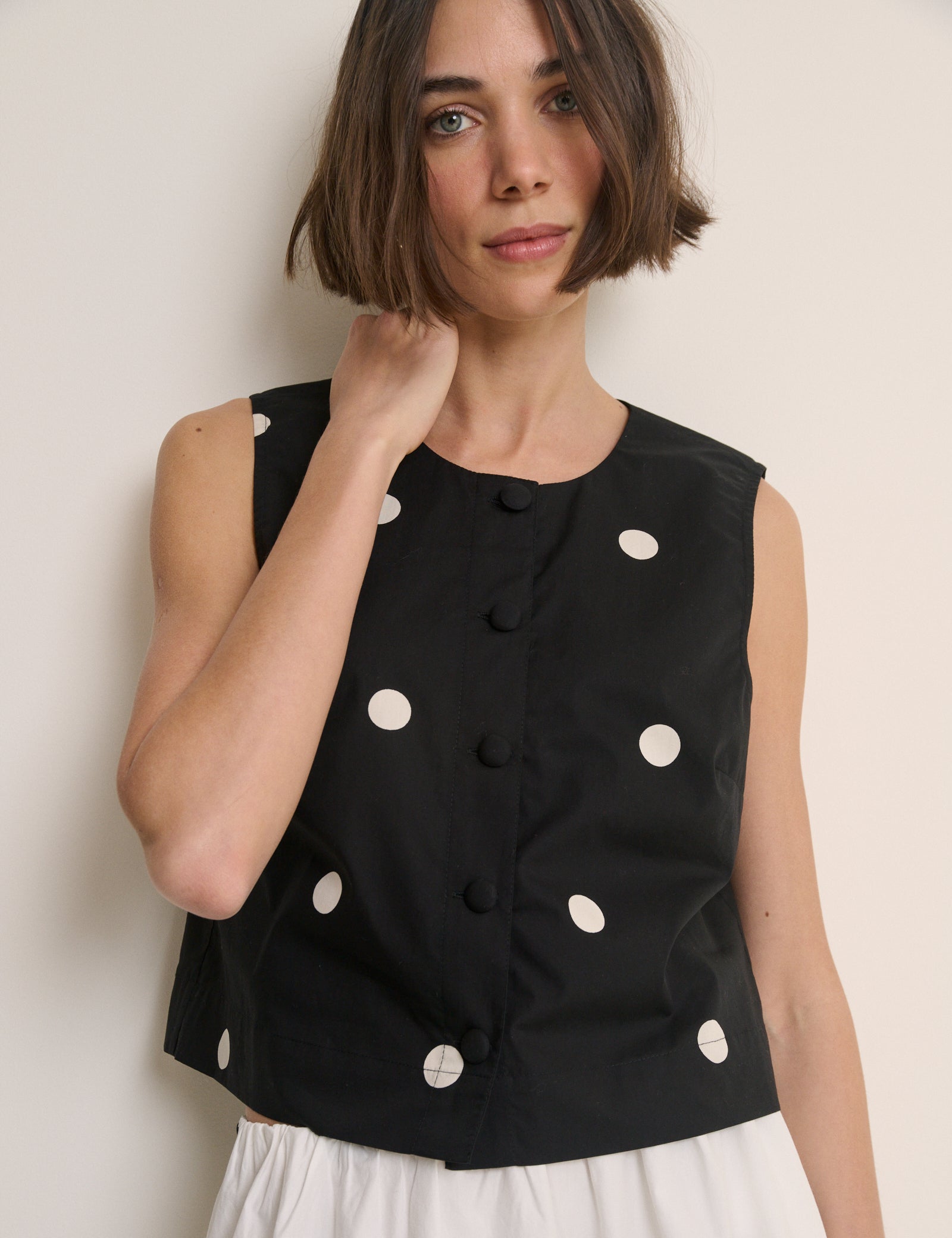 Black Polka Dot Button Front Top