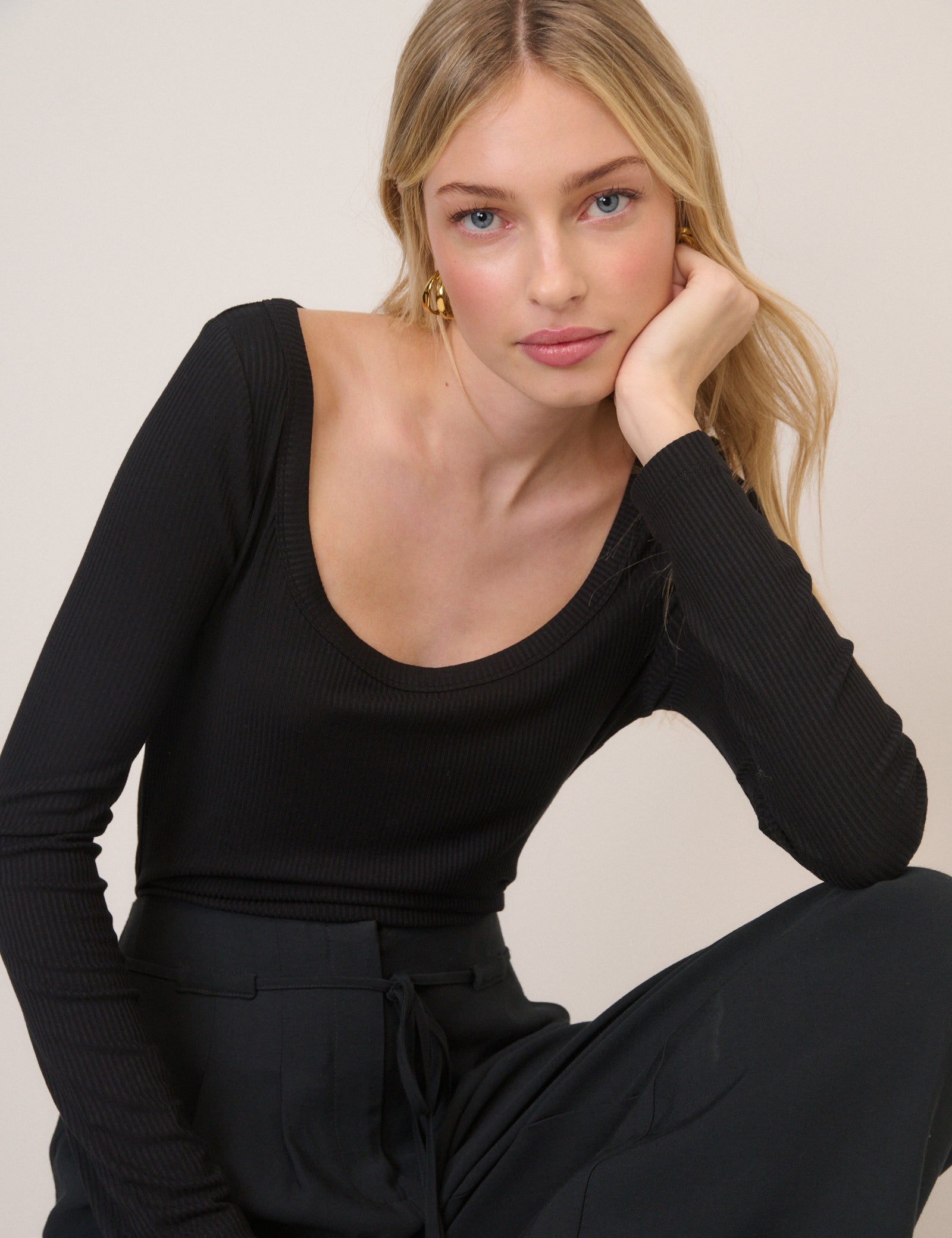 Black Scoop Neck Ribbed Top