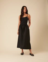 Black Ribbed Drop Waist Strappy Midi Dress