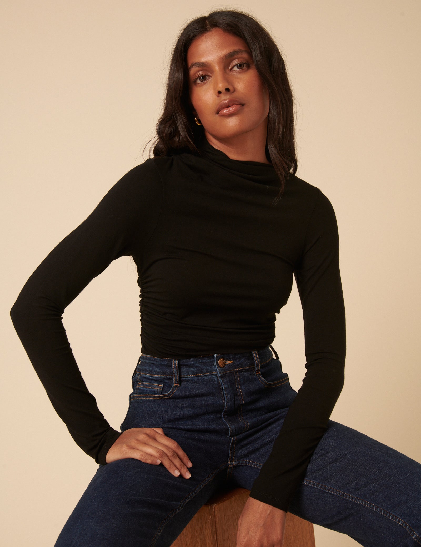Black Ruched Long Sleeve Top