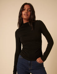 Black Ruched Long Sleeve Top