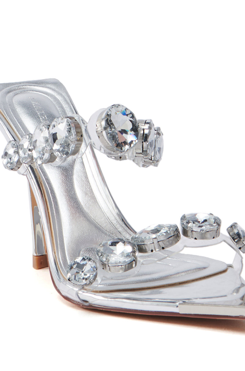AZALEA WANG PAOLINA SILVER RHINESTONE CHUNKY HEEL SANDAL