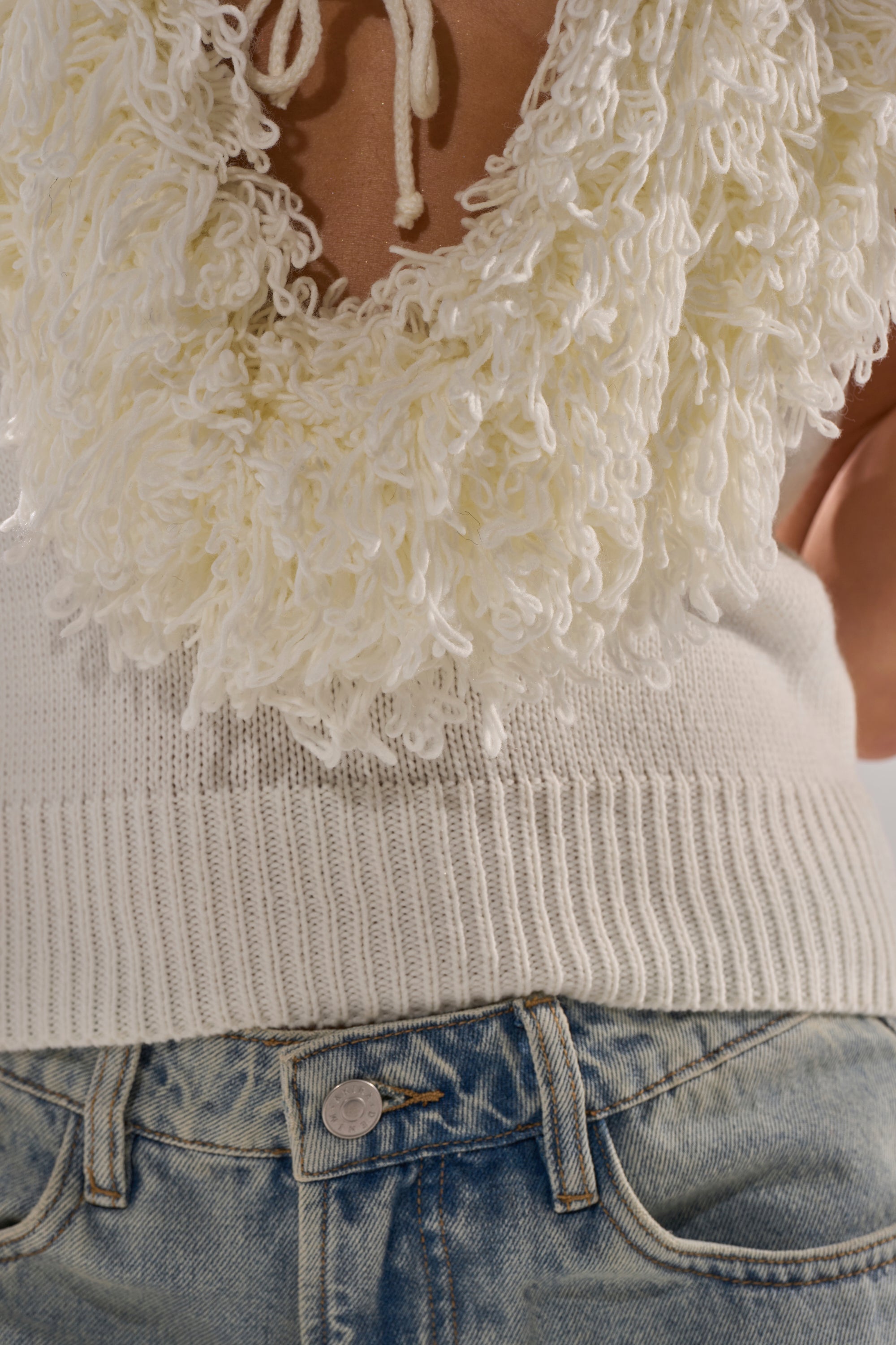 CARLY FRINGE OPEN FRONT SWEATER IN IVORY