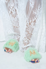 AZALEA WANG RAFAELA GREEN SLIP ON FURRY SANDAL