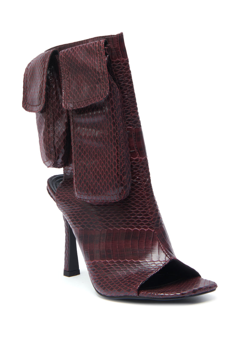 AZALEA WANG RIDWAN BURGUNDY SNAKE OPEN TOE BOOTIE