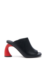AZALEA WANG SIDLE BLACK SLIP ON MULE SANDAL WITH RED HEEL