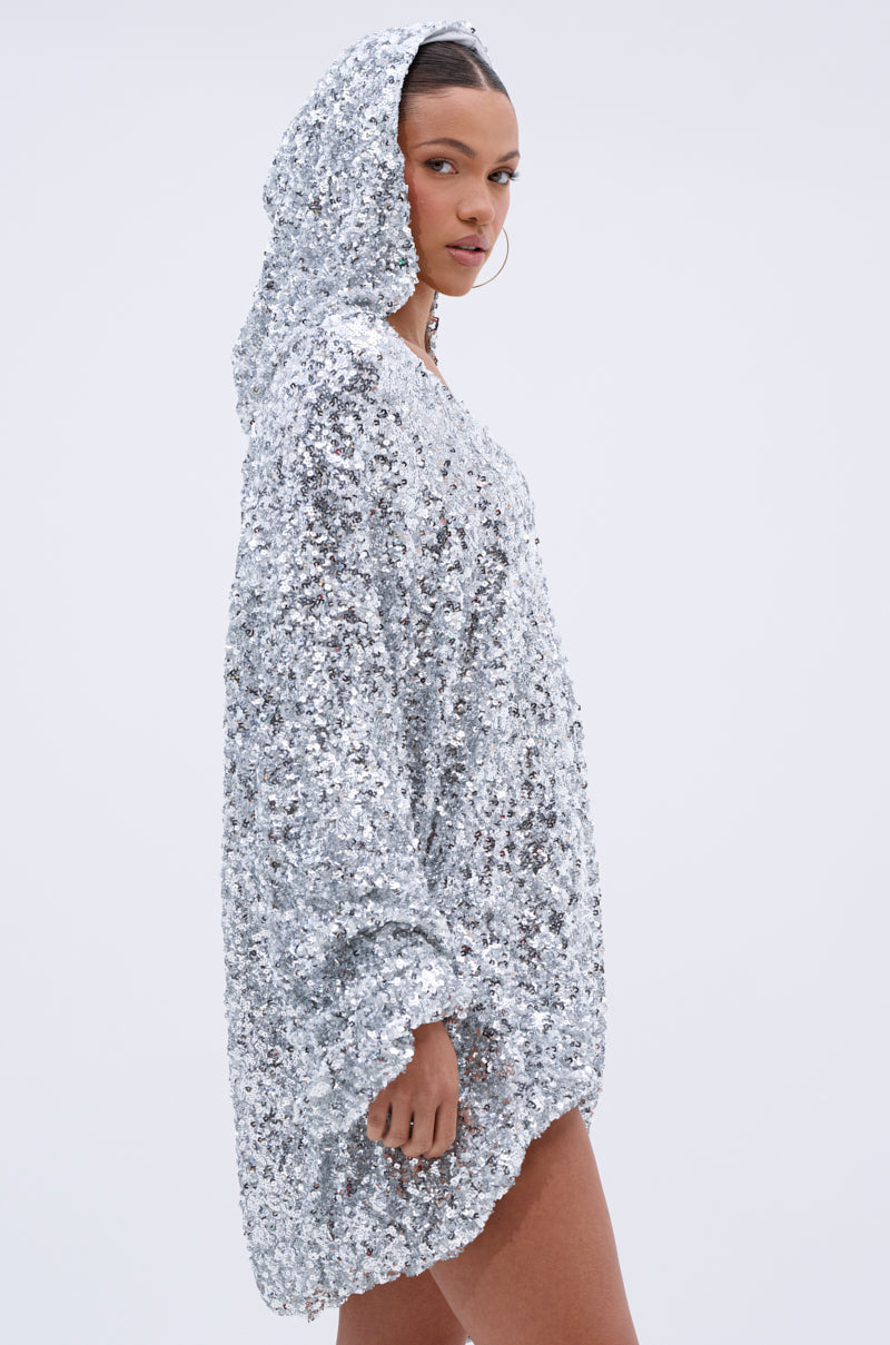 GISELLE SEQUIN SWEATSHIRT DRESS IN SILVER