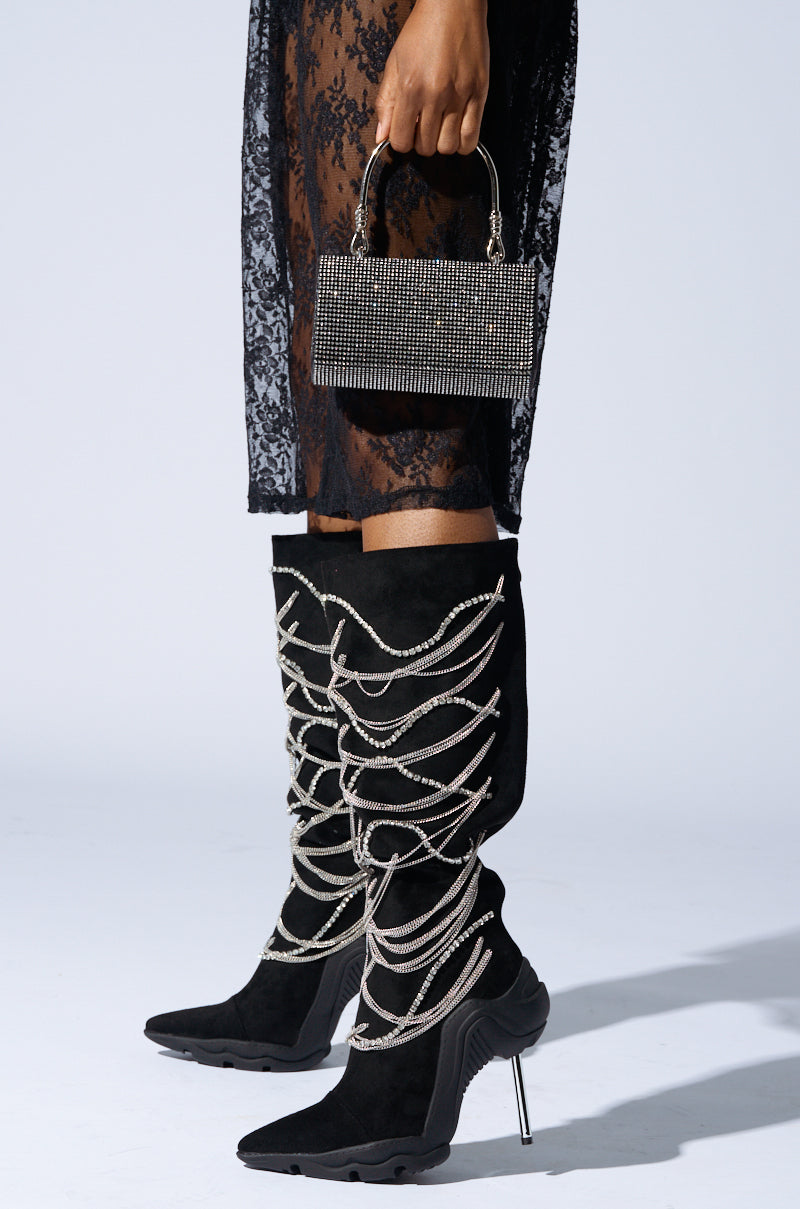 AZALEA WANG TATY BLACK CHAIN EMBELLISHED BOOT
