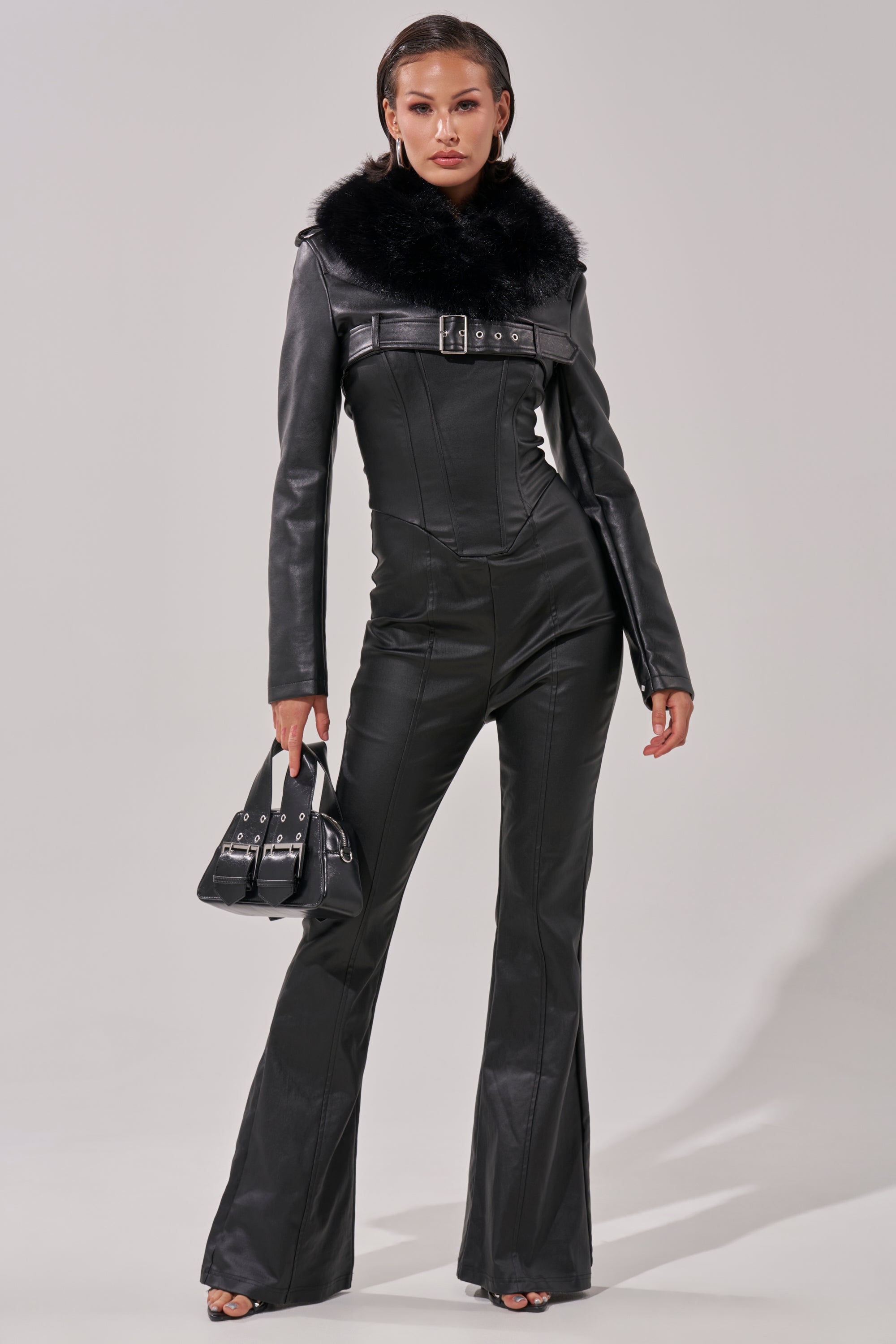 HALF MY HEART ULTRA CROPPED MOTO WITH FUR COLLAR