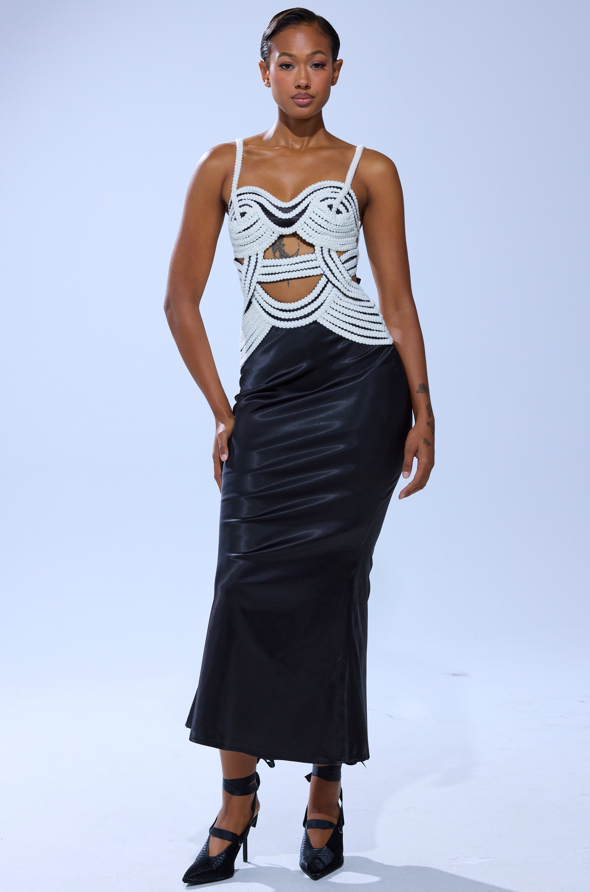 REGAL ROPE DETAIL SATIN MIDI DRESS